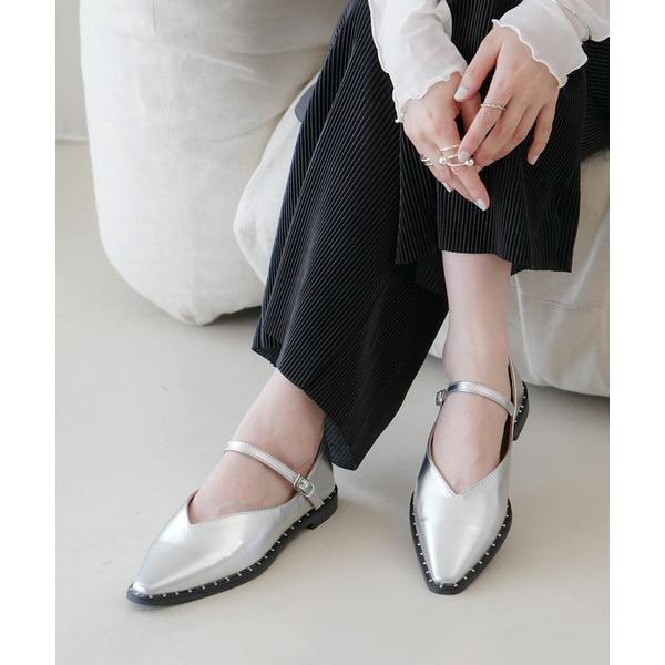 パンプス スタッズ Vカットポインテッドトゥパンプス/ メリージェーン