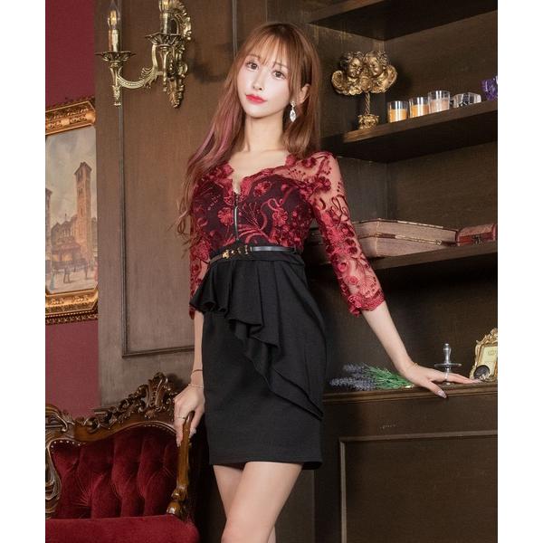 ドレス キャバドレス ミニ タイト 七分袖 シアーフラワーバストジップアシメペプラムウエストベルト切...