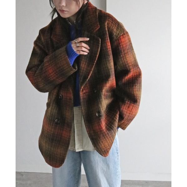 ジャケット テーラードジャケット シャギーチェックミドル丈ルーズジャケット レディース