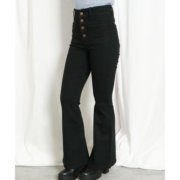 ジーンズ デニム デニムパンツ 「4ボタン×美脚フレア」レディース ハイウエスト デニム風パンツ 前...