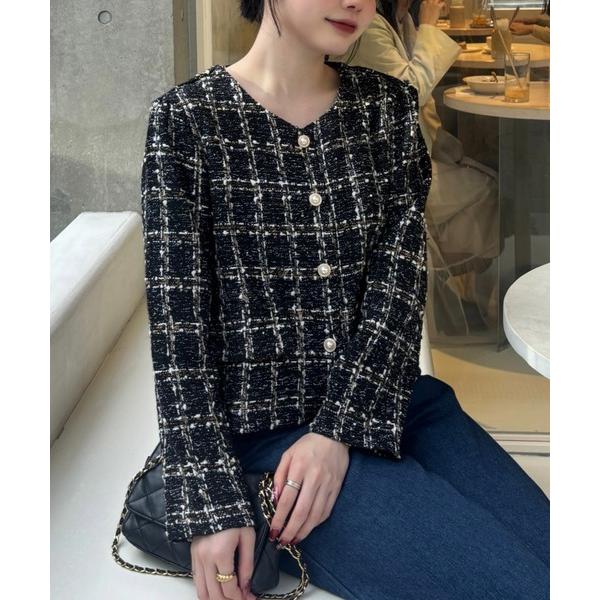 ジャケット ノーカラージャケット 「秋・冬ジャケット」金ボタン ツイードジャケット レディース