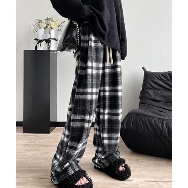 パンツ ハイウエスト チェック ワイド 起毛 パンツ レディース