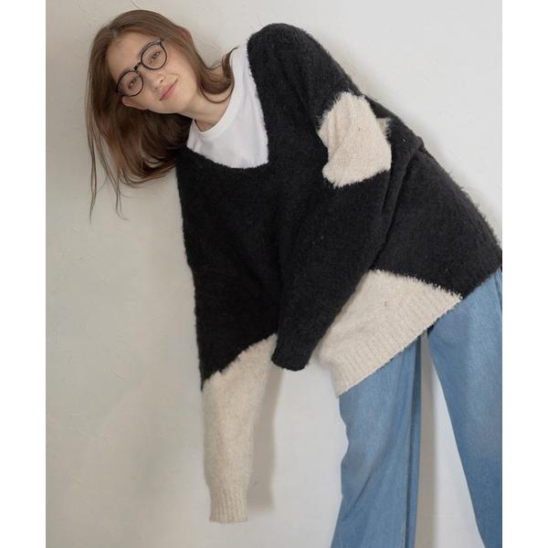 ニット セーター 「MINERTE」loop yarn intarsia V neck pullov...