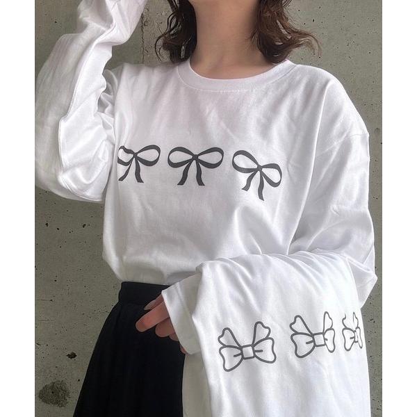 tシャツ 「低身長用サイズあり」フリルリボンプリントロンT／長袖Tシャツ レディース