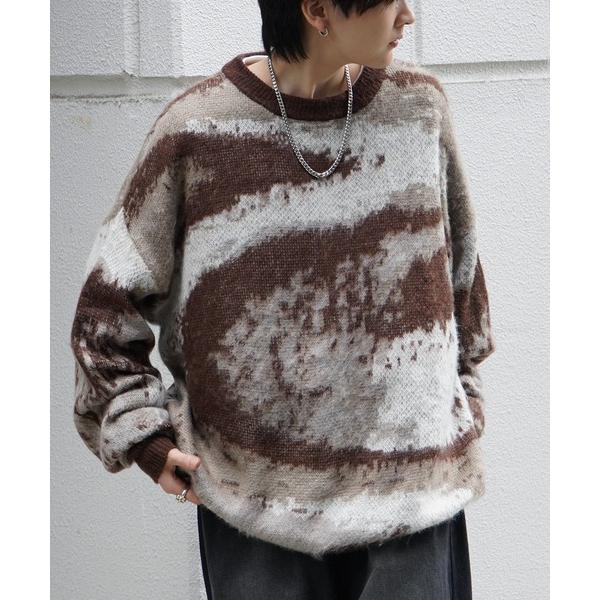 セーター ニット モヘアライク ルーズシルエット グラデーション アブストラクト煙柄ジャガード シャ...