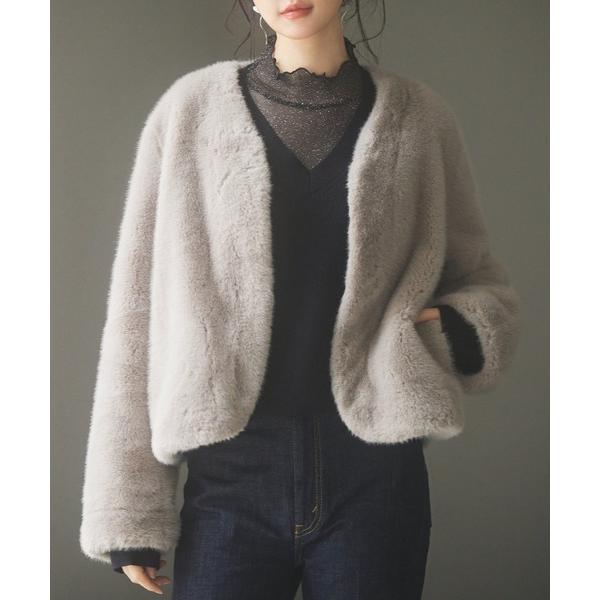 ジャケット ノーカラージャケット もこもこフェイクファーノーカラージャケット レディース
