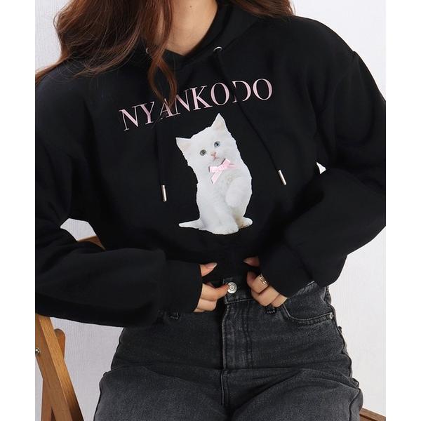 パーカー 神保町にゃんこ堂 子猫フォトプリント 裏起毛 ショート丈 プルパーカー レディース