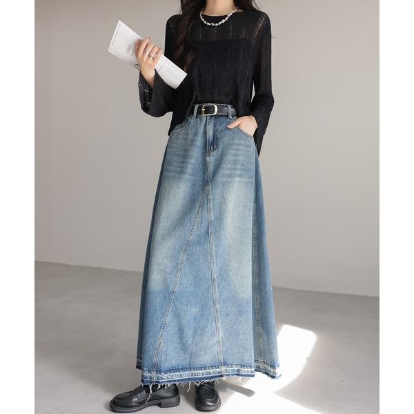 デニムスカート フリンジデニムロングスカート