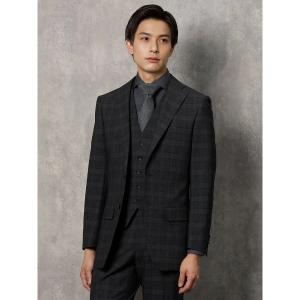 セットアップ 「上下洗える/ベスト付き」スリーピースウールライクスーツ「クラシコ」グレンチェック　グレー メンズ