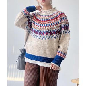 ニット セーター 球心あみあみ配色ニットプルオーバー レディース