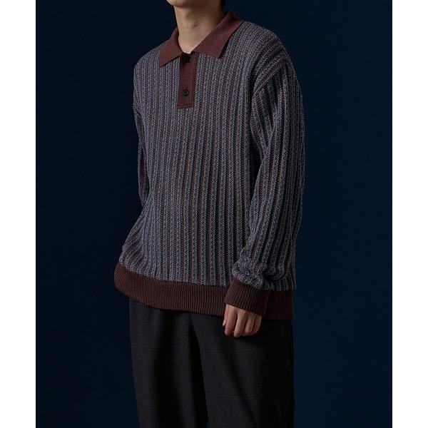 セーター ニット テクスチャーストライプ ニットポロ メンズ