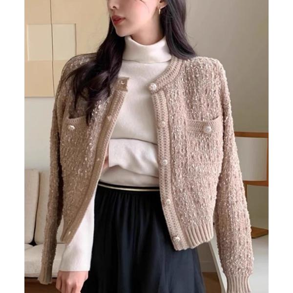 カーディガン ショート丈 ツィード風 ラウンドカラー カーディガン レディース