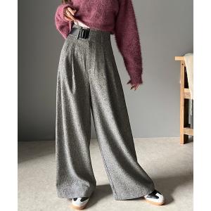 スラックス パンツ ウエストベルトが目を惹く。ツイード調ハイウエストワイドスラックスパンツ レディース