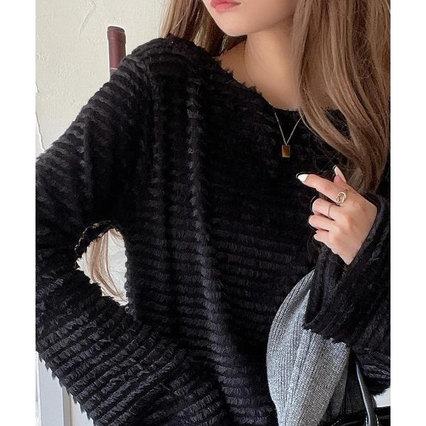 tシャツ 大人の女性にぴったり！高級感溢れる起毛ボーダージャガード袖フレアトップス レディース