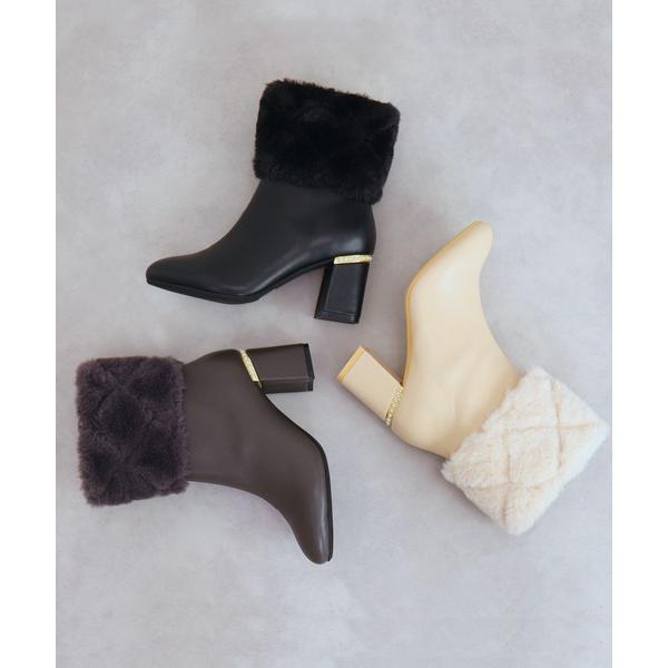 ブーツ 2WAY　ファー付きパールヒールショートブーツ レディース