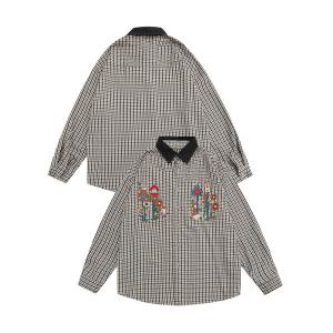 シャツ 「HOOK」レトロ調人物刺繍チェック柄長袖シャツ メンズ