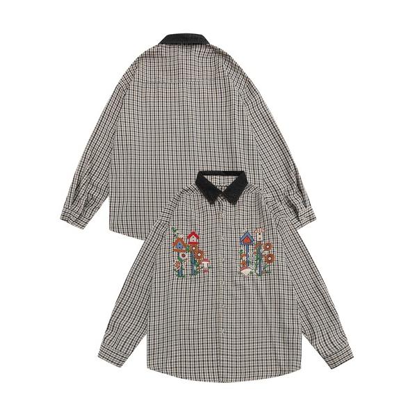 シャツ HOOK -select- レトロ刺繍チェック柄デニム襟シャツ メンズ レディース