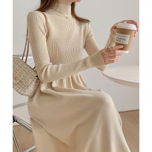 ワンピース スタンドカラー切り替えニットワンピース