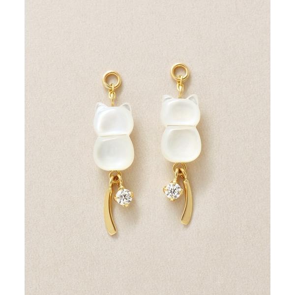 ピアス 「 Palette」K10 ホワイトシェル・キュービックジルコニア　ネコチャーム( YG) ...