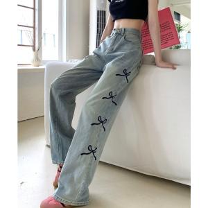 ジーンズ デニム デニムパンツ 「CANVAS+」サイドリボン刺しゅうデニムワイドパンツ レディース