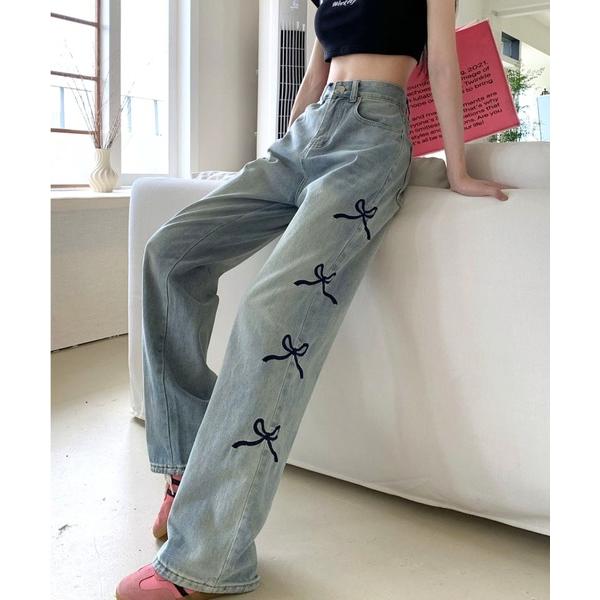 ジーンズ デニム デニムパンツ 「CANVAS+」サイドリボン刺しゅうデニムワイドパンツ レディース
