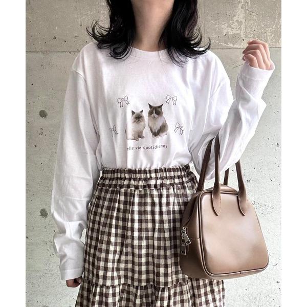 tシャツ ねこribbonプリントロングTシャツ レディース