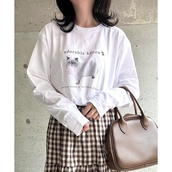 tシャツ ねこリボンプリントロングTシャツ レディース
