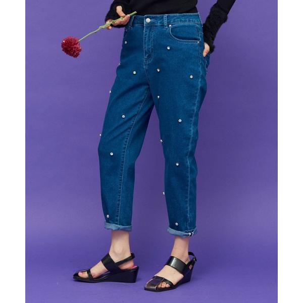 ジーンズ デニム デニムパンツ ビジューテーパードデニム レディース