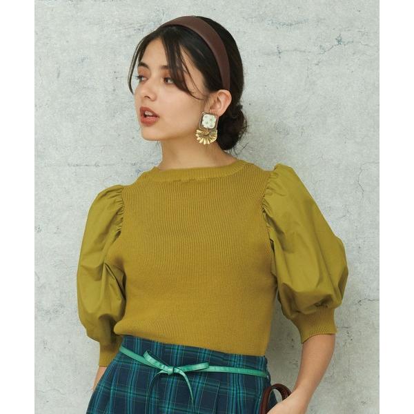 ニット セーター 異素材ボリュームスリーブリブニット レディース