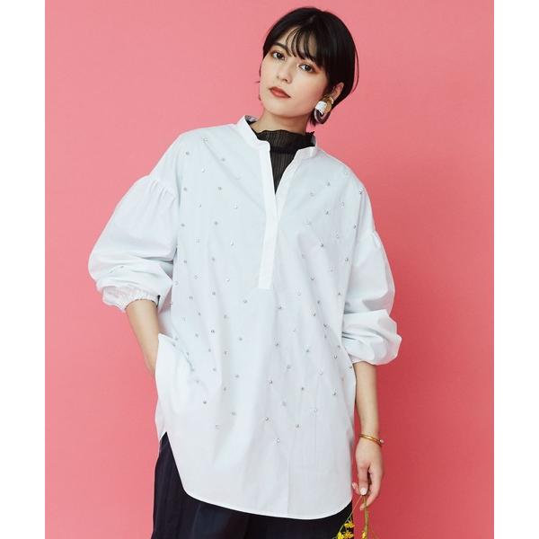ブラウス シャツ 「FONT LAB」フロントビジューシャツチュニック レディース