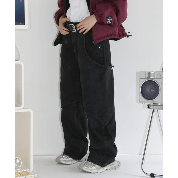 ジーンズ ワイドストレートバギーダブルニーデニムパンツ メンズ レディース