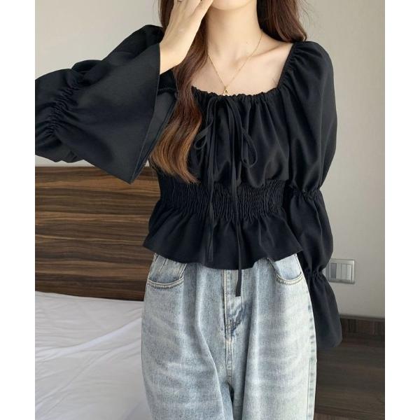 ブラウス シャツ ギャザースクエアネック ウエストシャーリング キャンディスリーブブラウス レディー...