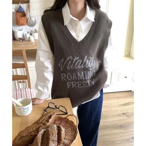 ベスト ジレ 「レディース商品」ロゴ入りVネックニットベスト レディース