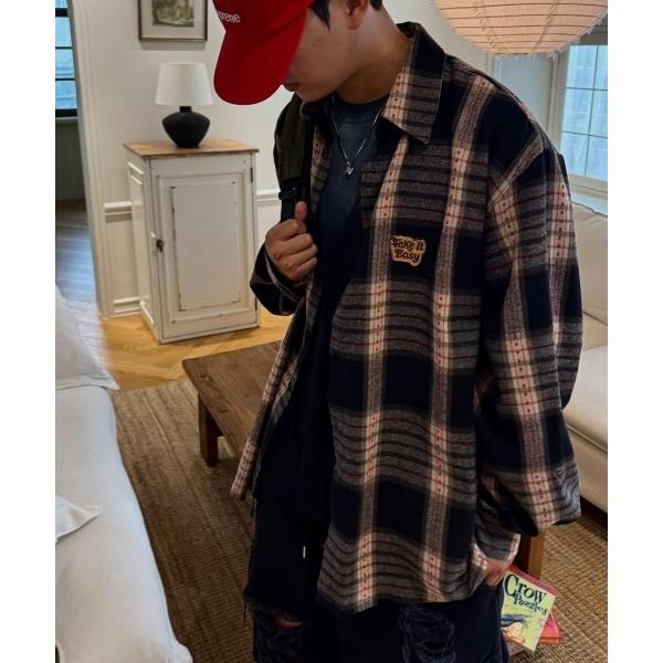 シャツ BIG SALE開催中！「BY ATTENTION」 起毛 ワッペン 長袖 チェックシャツ ...