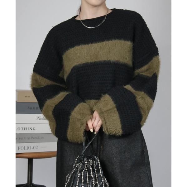 ニット セーター ボーダーショートプルオーバー レディース