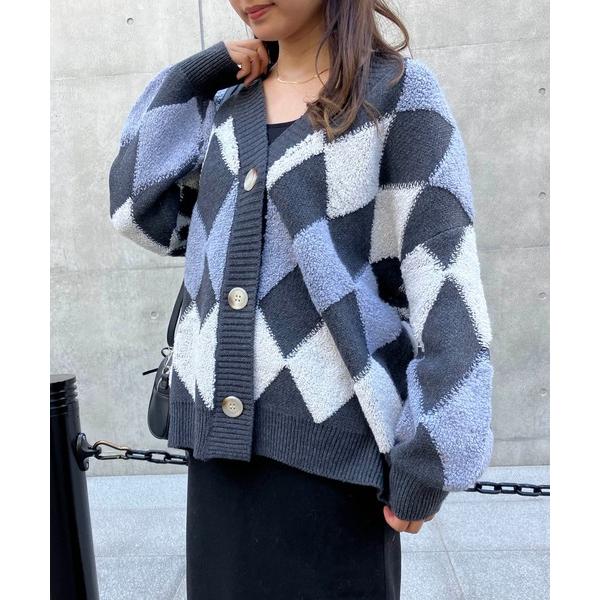 カーディガン ぽこぽこ配色 アーガイルオーバーサイズ ボアニットカーディガン レディース