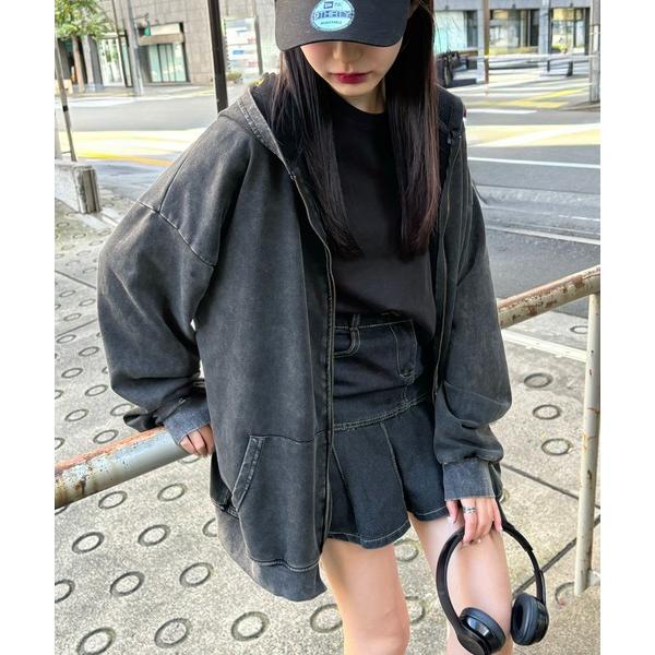 パーカー ピグメント ヴィンテージライク 韓国 古着風 ダブルジップ スウェット トレーナー パーカ...