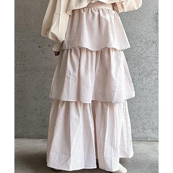 スカート サイドリボンギンガムチェックティアードスカート