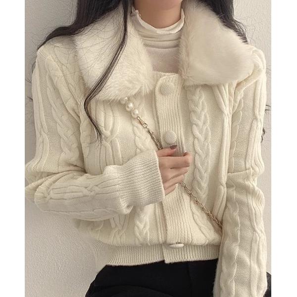 カーディガン 2way フェイクファー　ケーブルニットカーディガン レディース