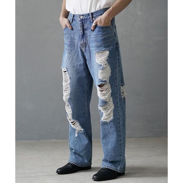 ジーンズ 「MinoriTY」セミワイドストレートダメージデニム セミワイドパンツ ストレートパンツ...