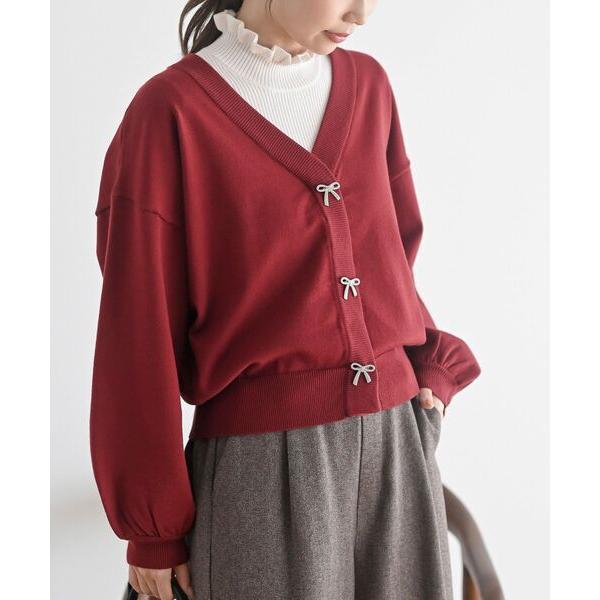 カーディガン リボンボタンボリューム袖ニットカーディガン レディース