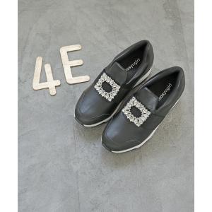 スニーカー 「4E 幅広」3Dインソール キラキラビジューバックル付き 厚底スリッポンスニーカー レディース