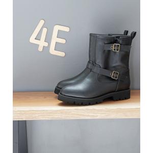 ブーツ 「4E 幅広」厚底 ダブルベルト サイドファスナー付きエンジニアブーツ レディース