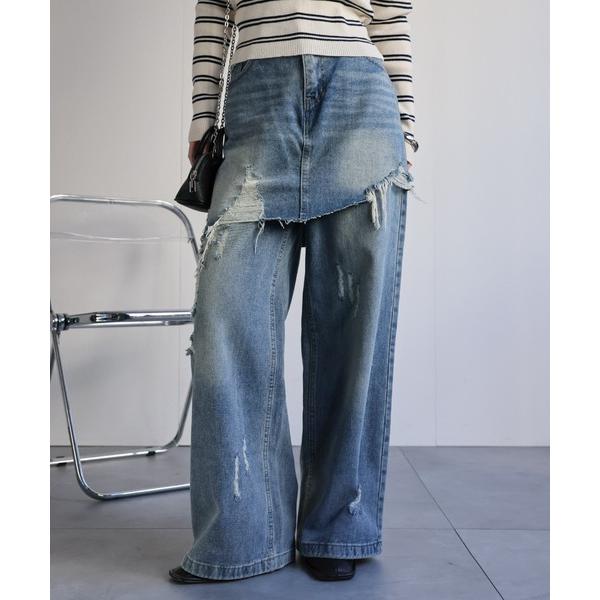 ジーンズ デニム デニムパンツ スカートレイヤードダメージデニムパンツ「動画あり」 レディース