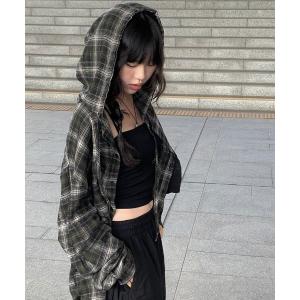 ブラウス シャツ オーバーサイジングフード付きチェックシャツ レディース メンズ