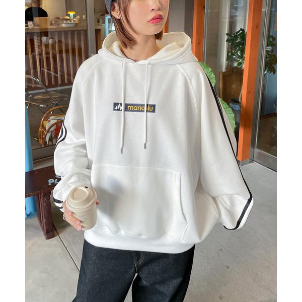 パーカー ボックスロゴプリント ラインスリーブプルオーバーパーカー レディース