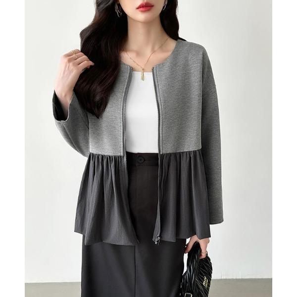 ブルゾン アウター ペプラム ノーカラーブルゾン ジップアップジャケット レディース