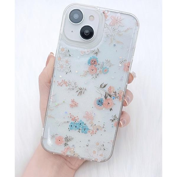 スマホケース スパンコール入り ボタニカル柄 クリア iPhone ケース