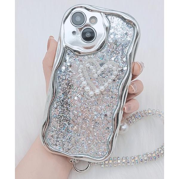 スマホケース クリア ラメ ハート付き ウエーブ iPhone ケース