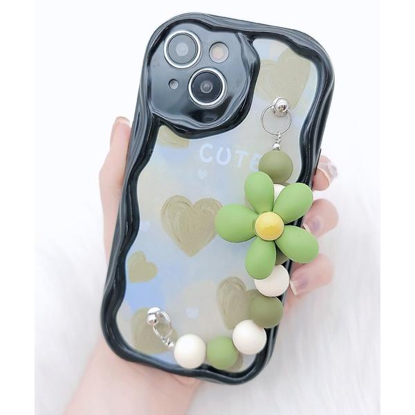 スマホケース ウエーブライン 3D フラワーストラップ付き iPhone ケース